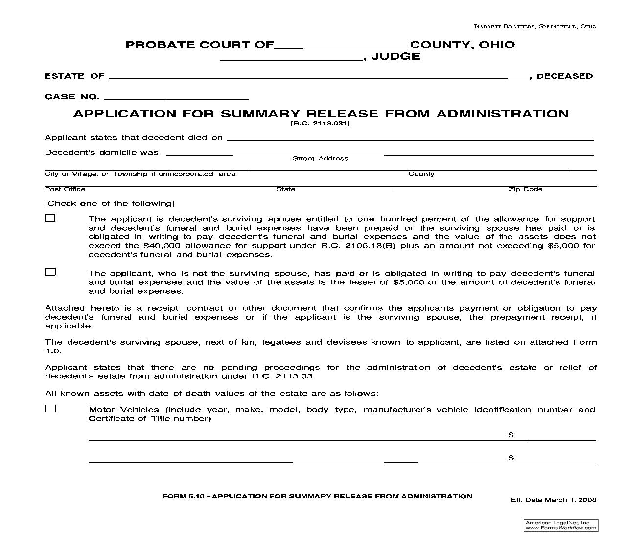 Application For Summary Release From Administration {5.10} | Pdf Fpdf Doc Docx | Ohio