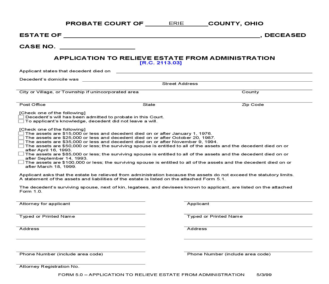 Application To Relieve Estate From Administration {5.0} | Pdf Fpdf Doc Docx | Ohio