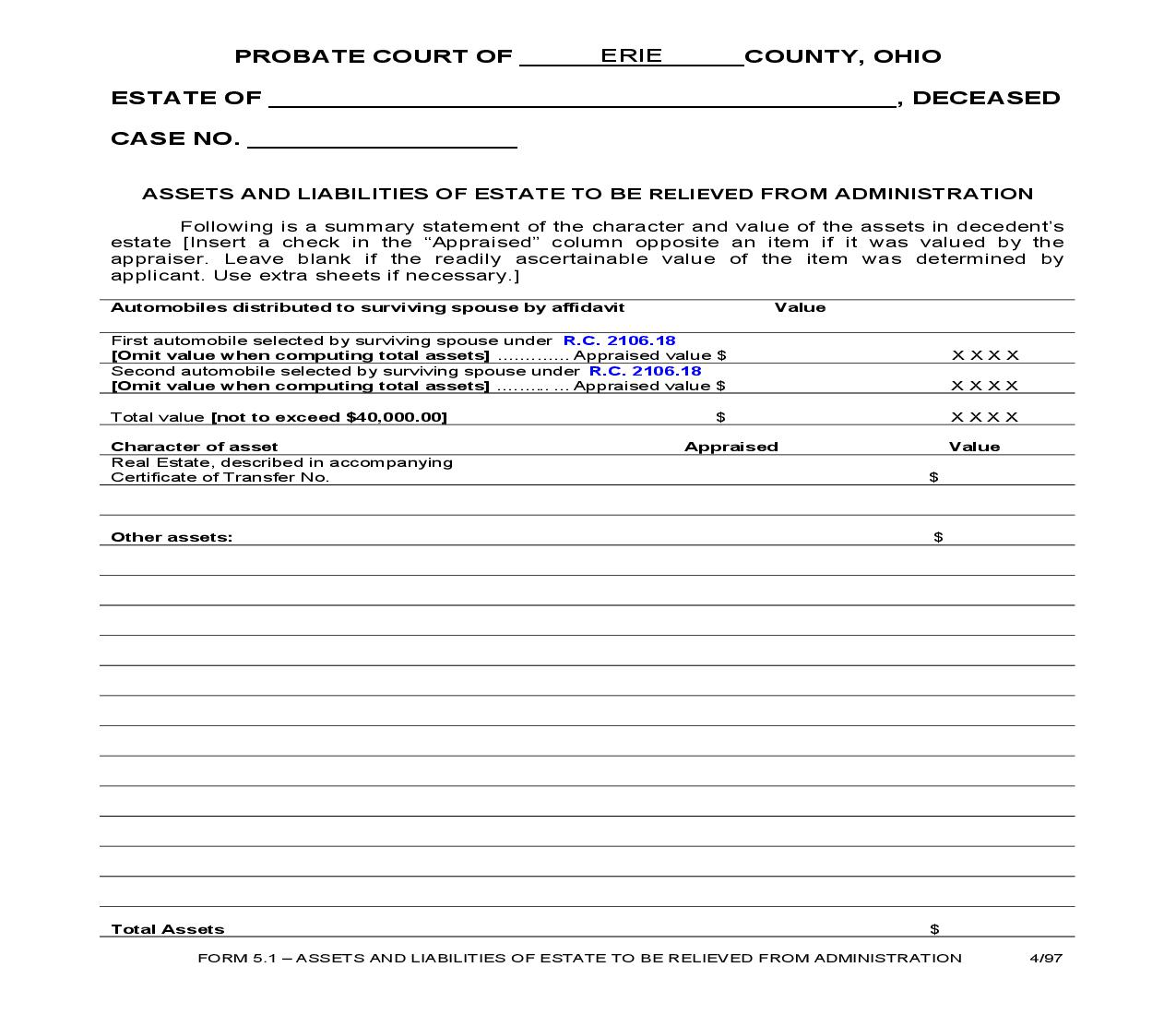 Assets And Liabilities Of Estate To Be Relieved From Administration {5.1} | Pdf Fpdf Doc Docx | Ohio