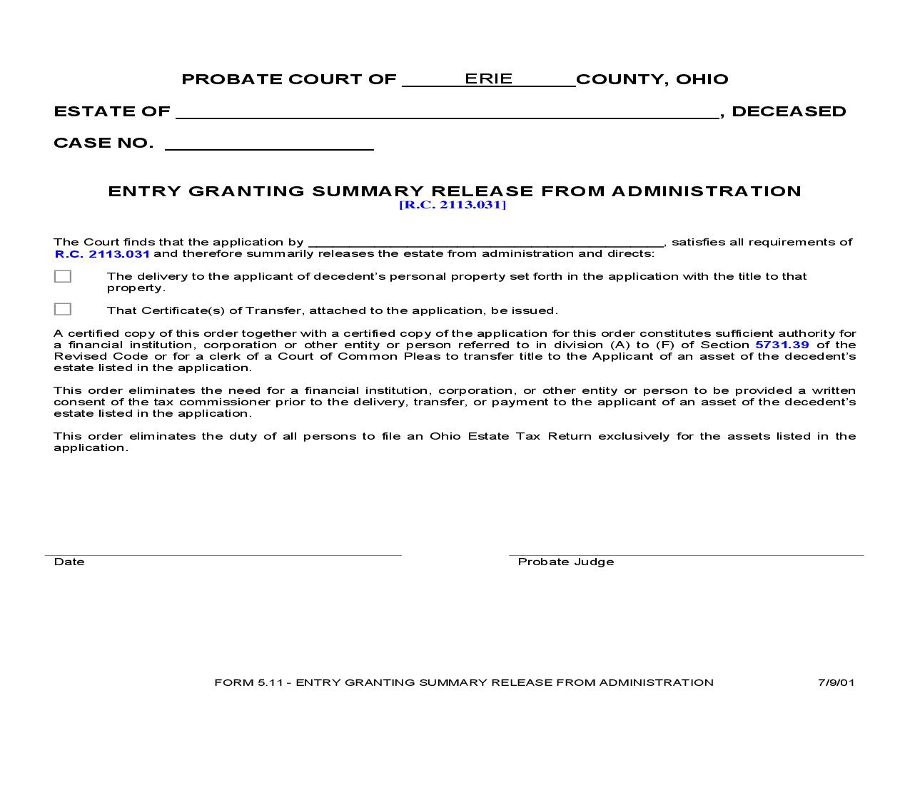 Entry Granting Summary Release From Administration {5.11} | Pdf Fpdf Doc Docx | Ohio