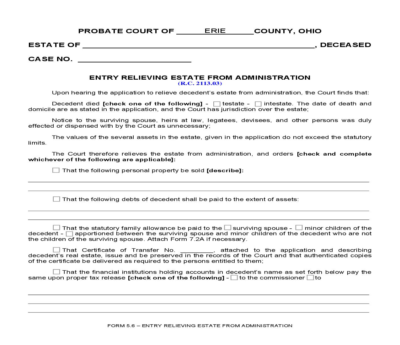 Entry Relieving Estate From Administration {5.6} | Pdf Fpdf Doc Docx | Ohio