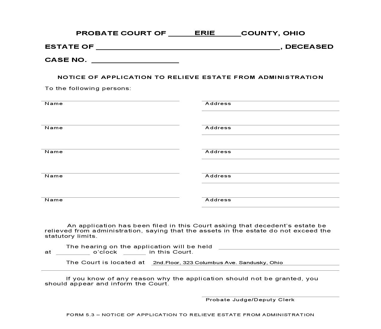 Notice Of Application To Relieve Estate From Administration {5.3} | Pdf Fpdf Doc Docx | Ohio