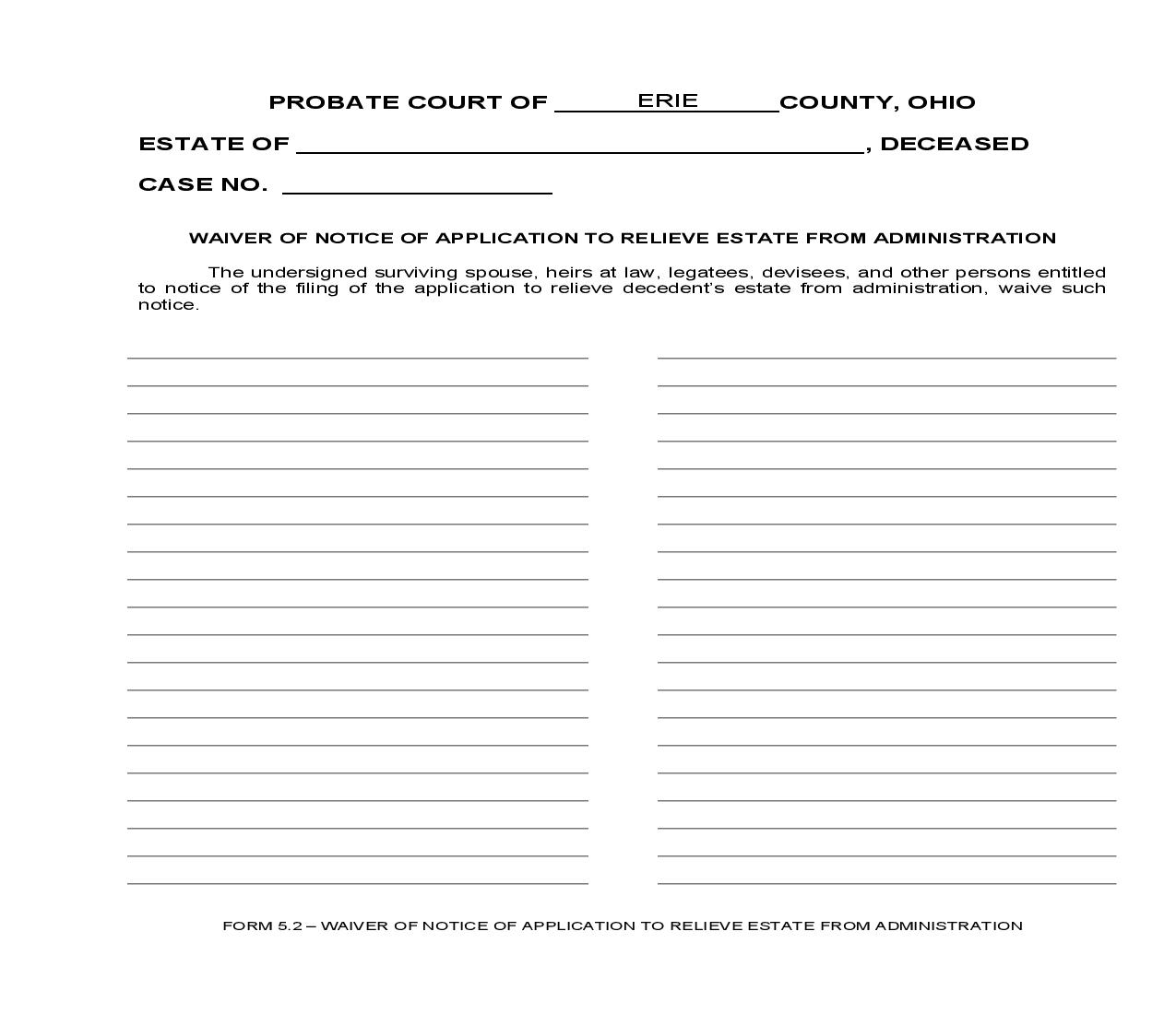 Waiver Of Notice Of Application To Relieve Estate From Administration {5.2} | Pdf Fpdf Doc Docx | Ohio