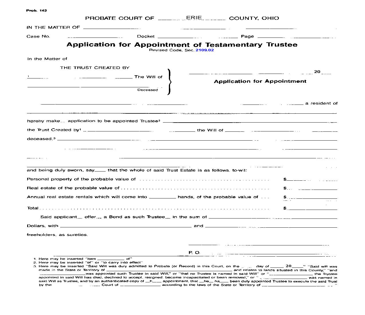 Application For Appointment Of Testamentary Trustee {Prob 143} | Pdf Fpdf Doc Docx | Ohio