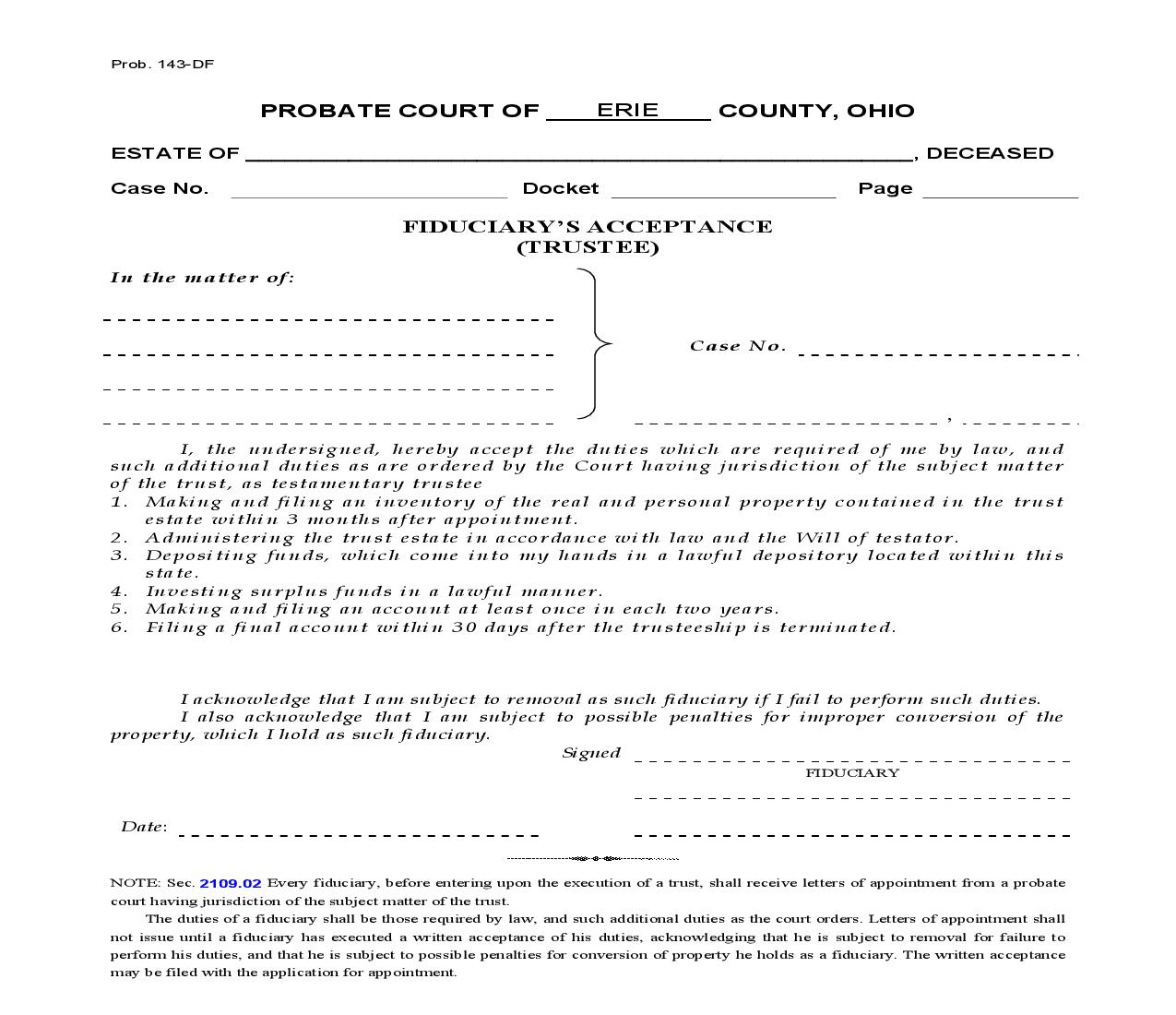 Fiduciarys Acceptance Trustee {Prob 143-DF} | Pdf Fpdf Doc Docx | Ohio