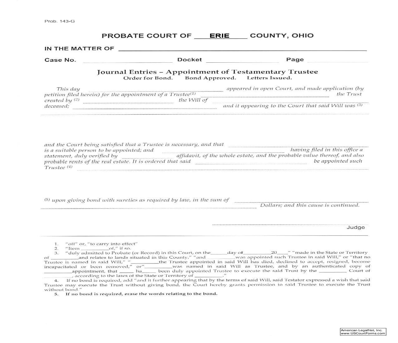 Journal Entries Appointment Of Testamentary Trustee {Prob 143-G} | Pdf Fpdf Doc Docx | Ohio