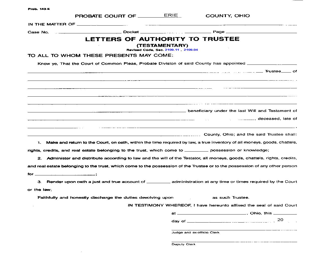 Letters Of Authority To Trustee {Prob 143-E} | Pdf Fpdf Doc Docx | Ohio