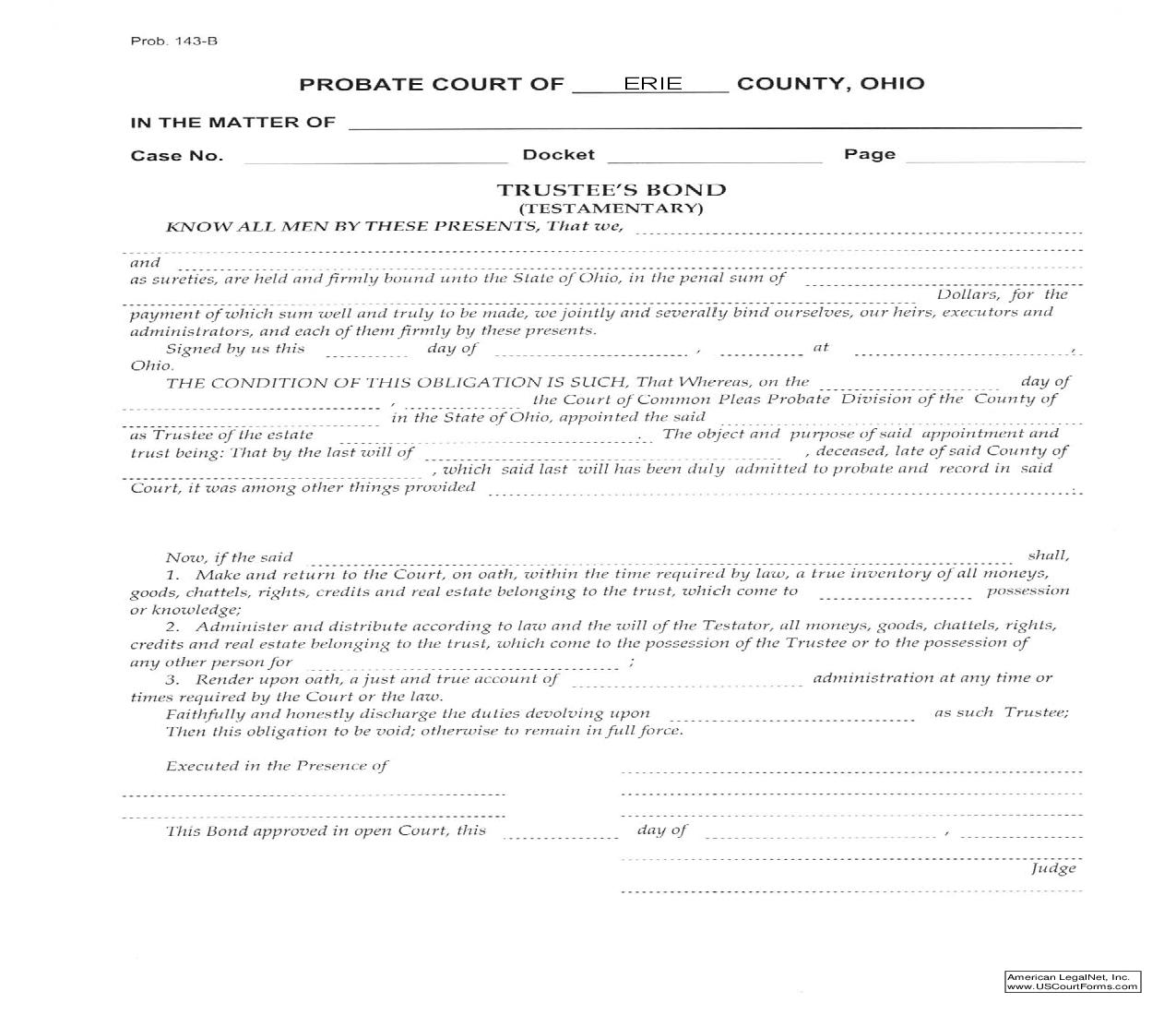 Trustees Bond {Prob 143-B} | Pdf Fpdf Doc Docx | Ohio