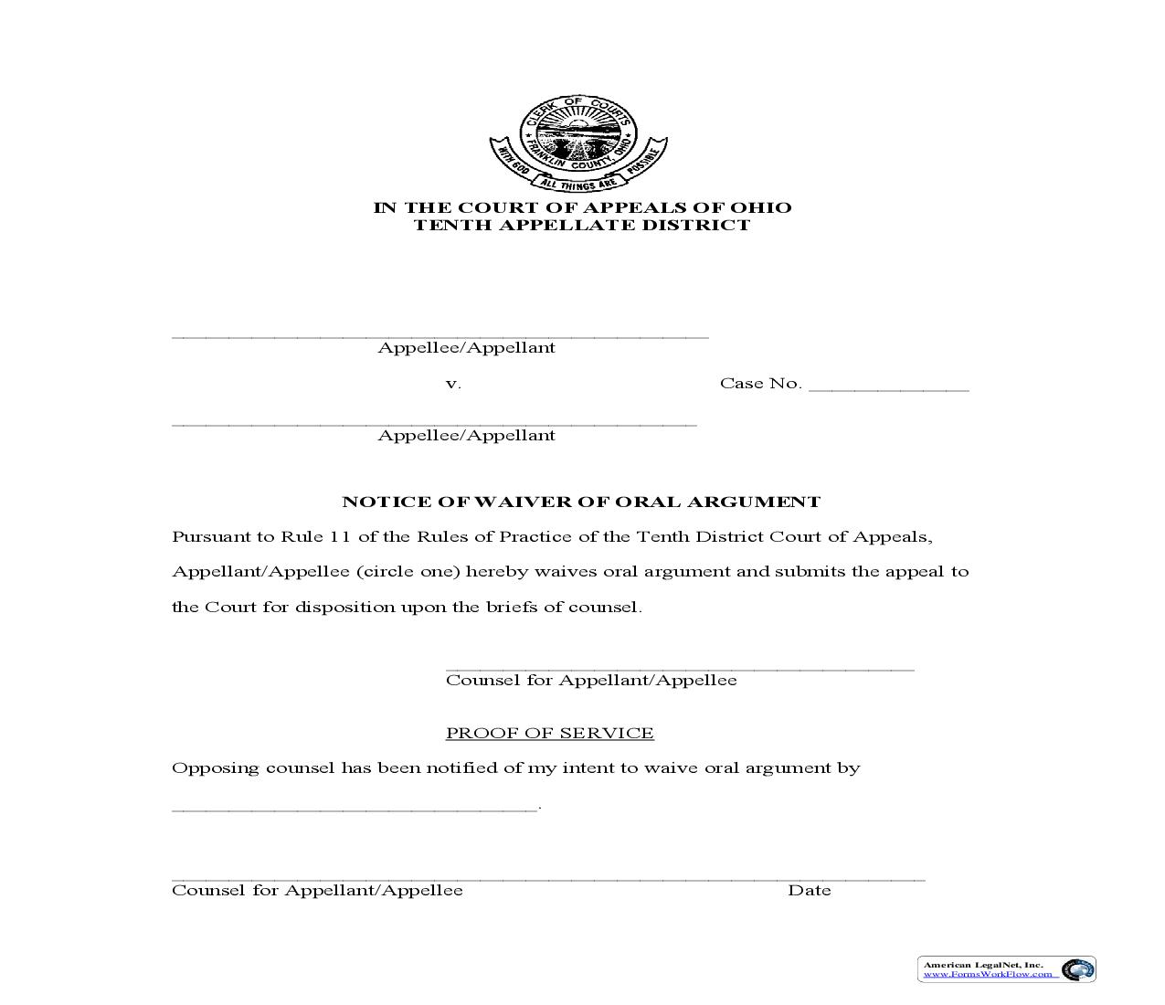 Notice Of Waiver Of Oral Agument (Single) | Pdf Fpdf Doc Docx | Ohio