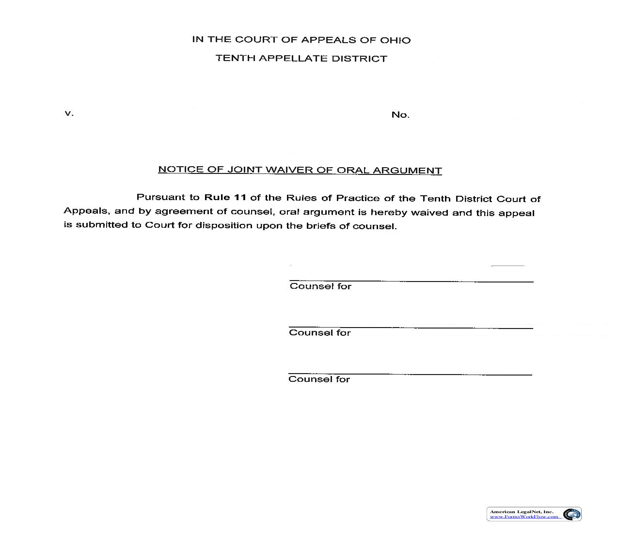 Notice Of Waiver Of Oral Argument (By Agreement) | Pdf Fpdf Doc Docx | Ohio