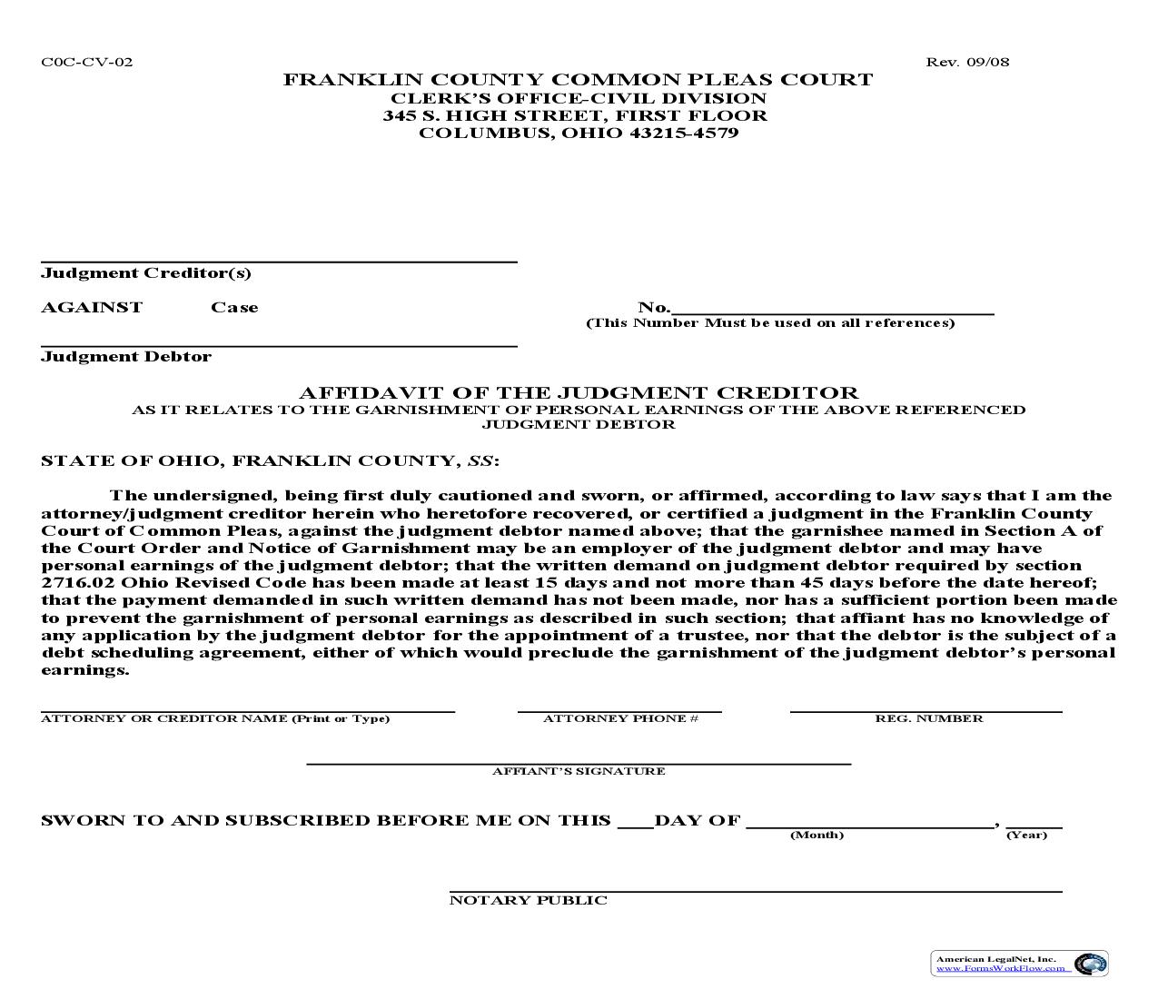 Affidavit Of The Judgment Creditor {COC-CV-02} | Pdf Fpdf Doc Docx | Ohio