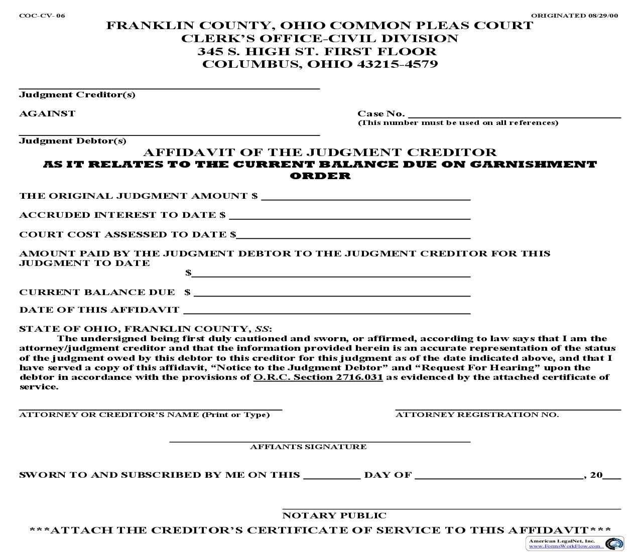 Affidavit Of The Judgment Creditor {COC-CV-06} | Pdf Fpdf Doc Docx | Ohio