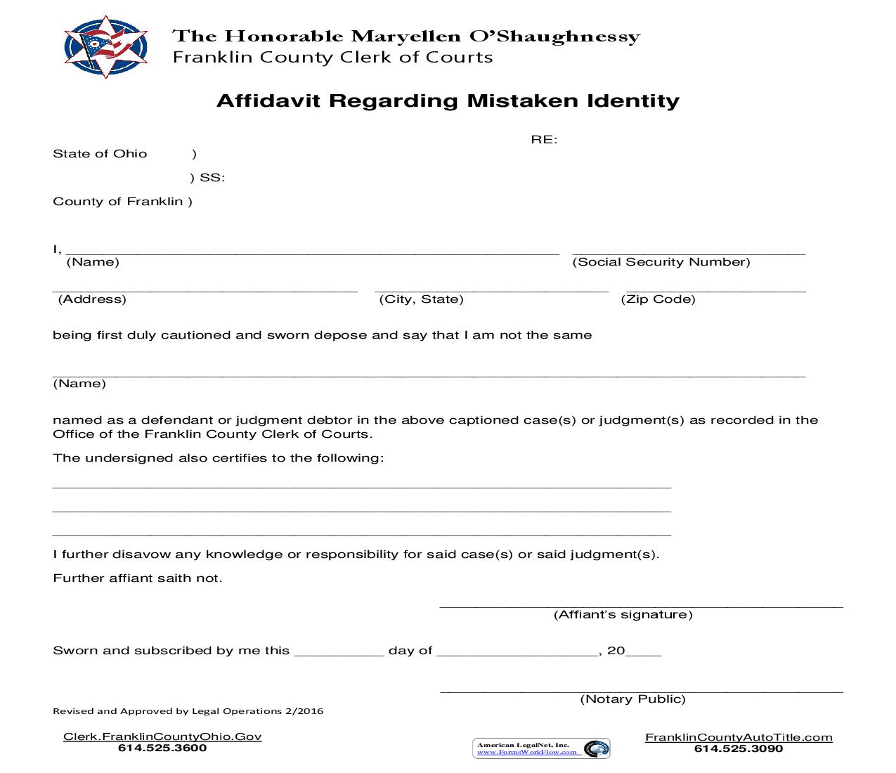 Affidavit Regarding Mistaken Identity | Pdf Fpdf Doc Docx | Ohio