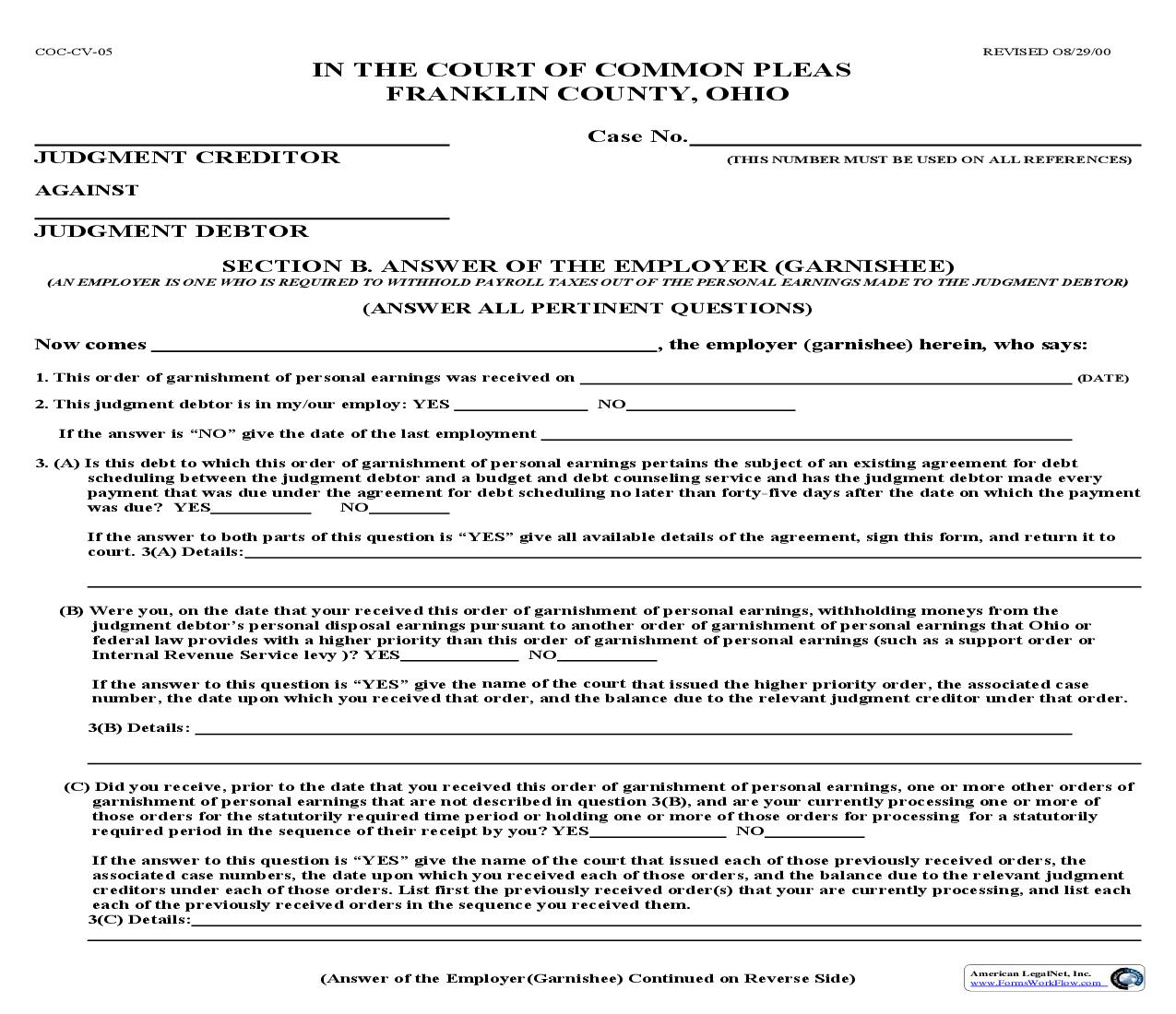 Answer Of The Employer (Garnishee) {COC-CV-05} | Pdf Fpdf Doc Docx | Ohio