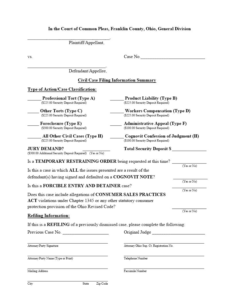 Civil Case Filing Information Summary | Pdf Fpdf Doc Docx | Ohio