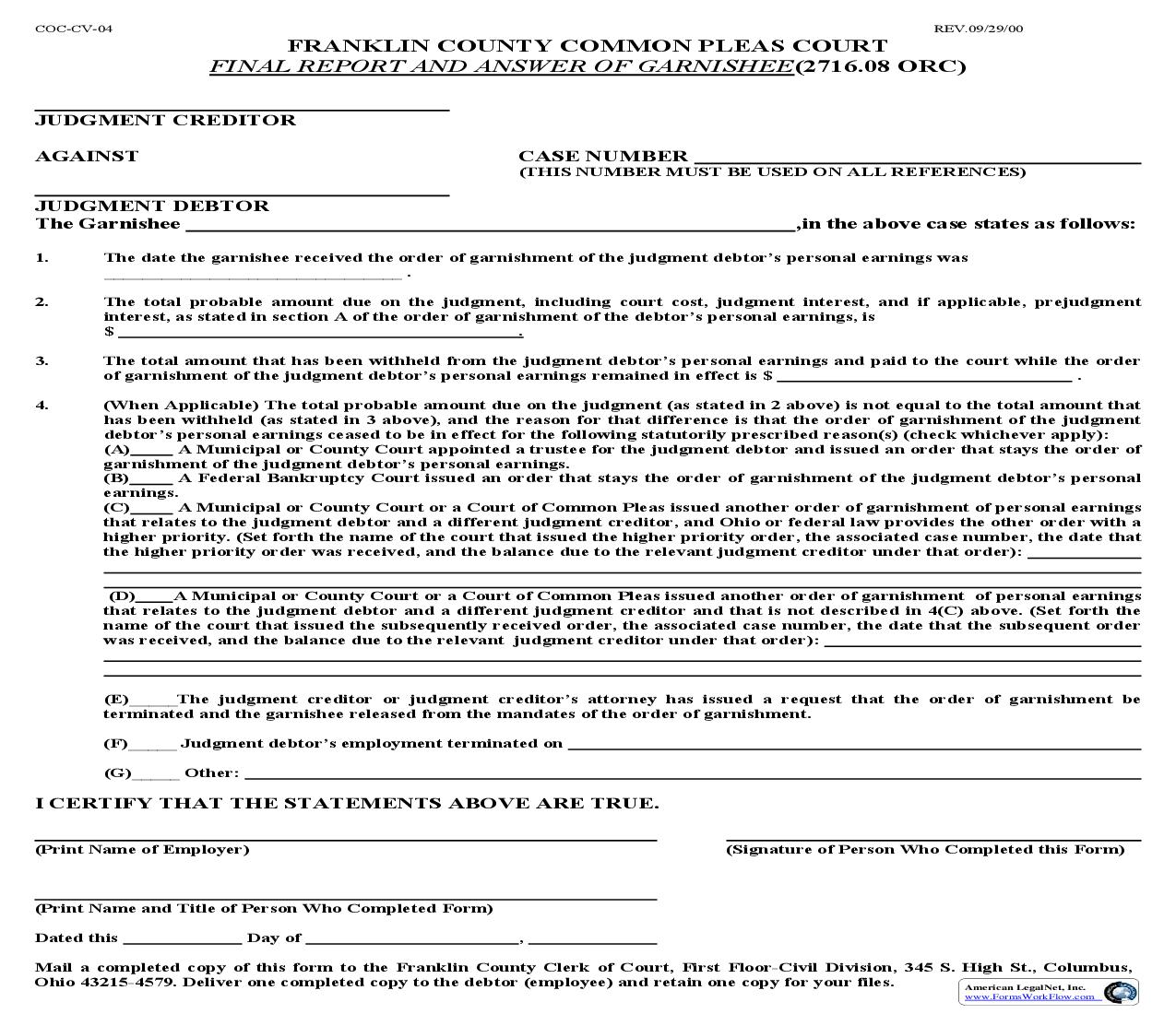 Final Report And Answer Of Garnishee {COC-CV-04} | Pdf Fpdf Doc Docx | Ohio
