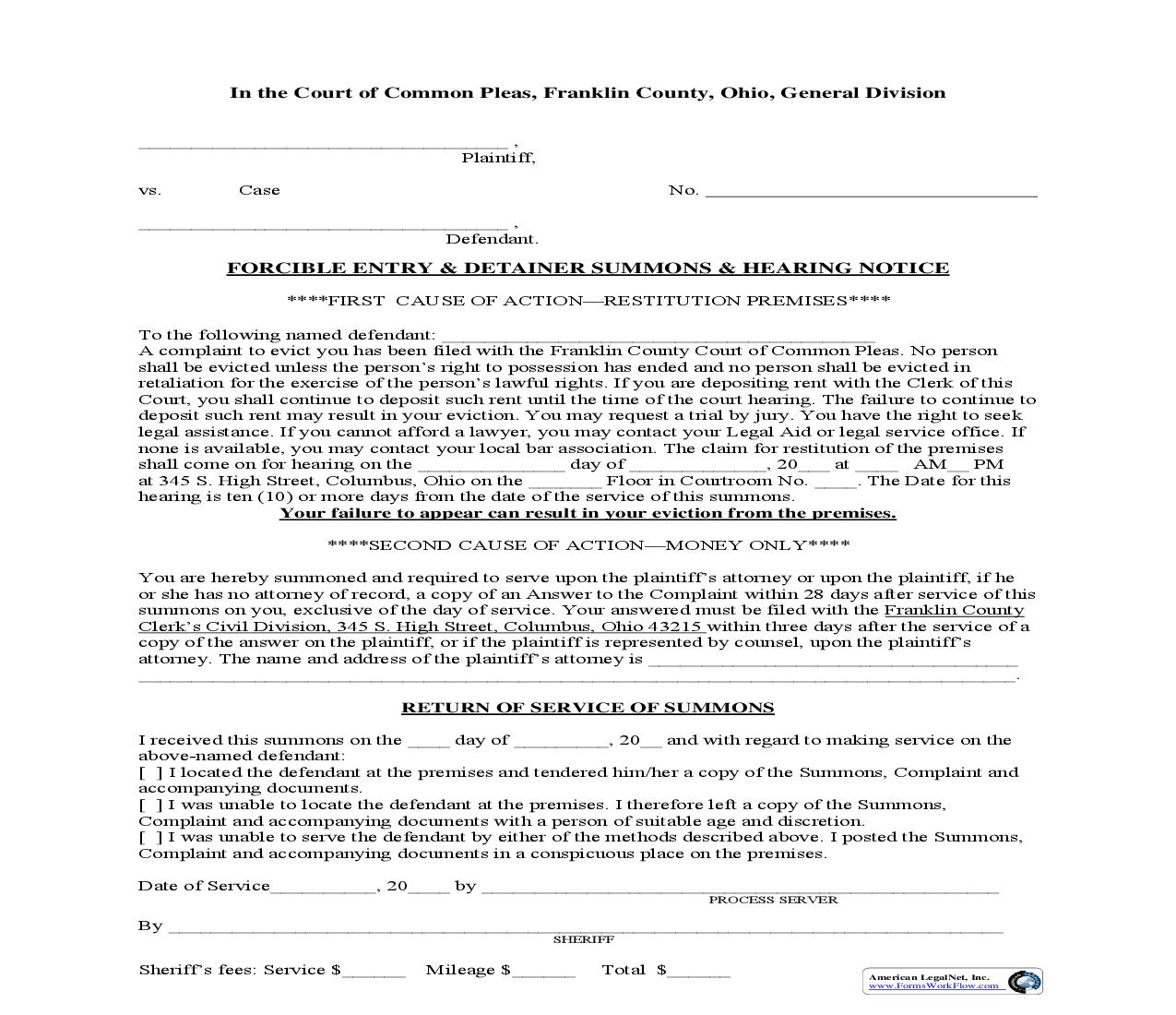 Forcible Entry And Detainer Summons And Notice Of Hearing {COC-CV-01A} | Pdf Fpdf Doc Docx | Ohio
