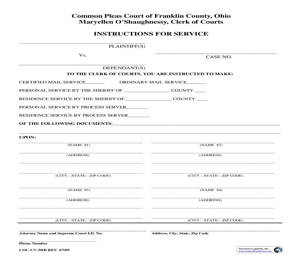 Instructions For Service {COC-CV-50B} | Pdf Fpdf Doc Docx | Ohio