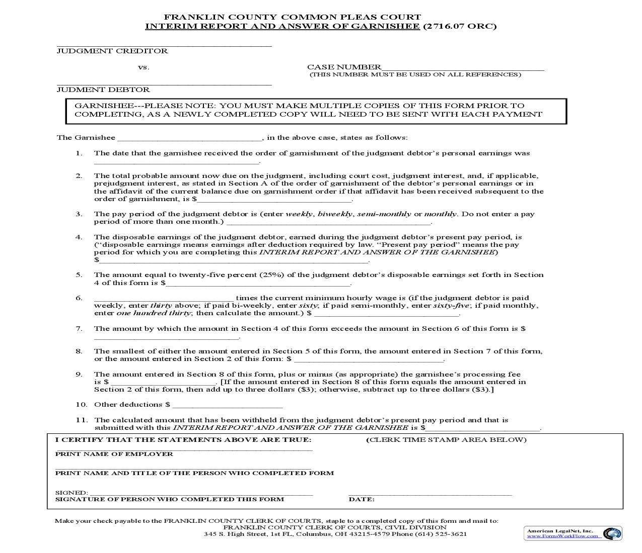 Interim Report And Answer Of Garnishee {COC-CV-03} | Pdf Fpdf Doc Docx | Ohio