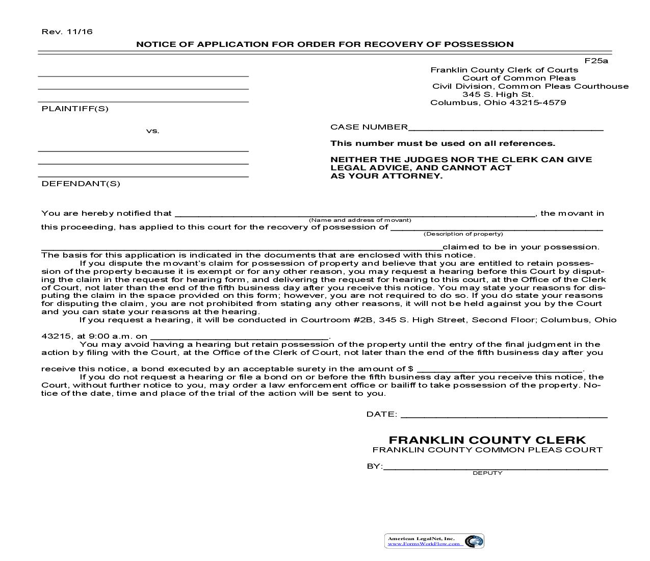 Notice Of Application For Order For Recovery Of Possession | Pdf Fpdf Doc Docx | Ohio