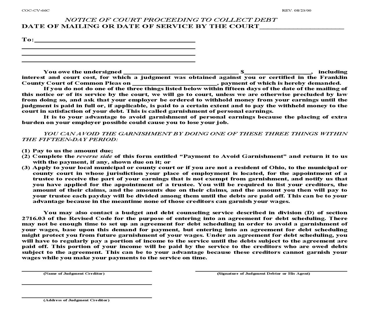 Notice Of Court Proceeding To Collect Debt {COC-CV-66C} | Pdf Fpdf Doc Docx | Ohio