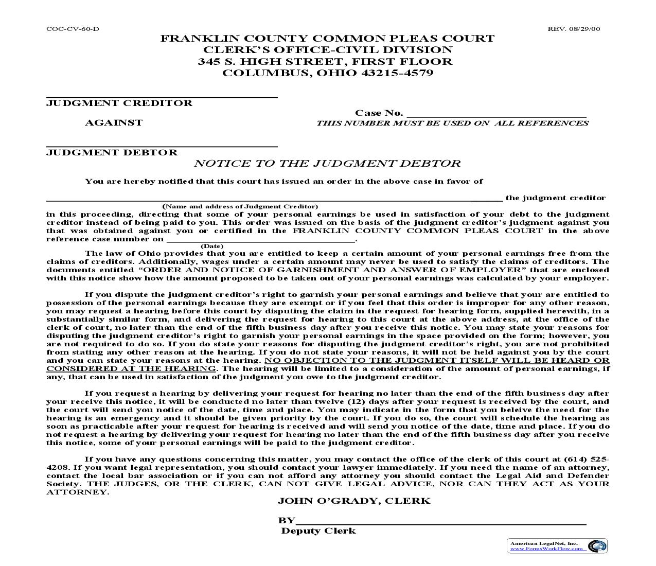 Notice To The Judgment Debtor {COC-CV-60D} | Pdf Fpdf Doc Docx | Ohio