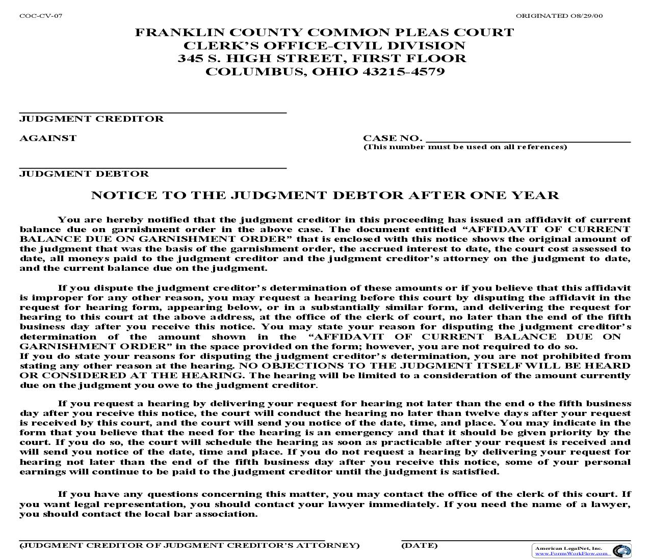 Notice To The Judgment Debtor After One Year {COC-CV-07} | Pdf Fpdf Doc Docx | Ohio