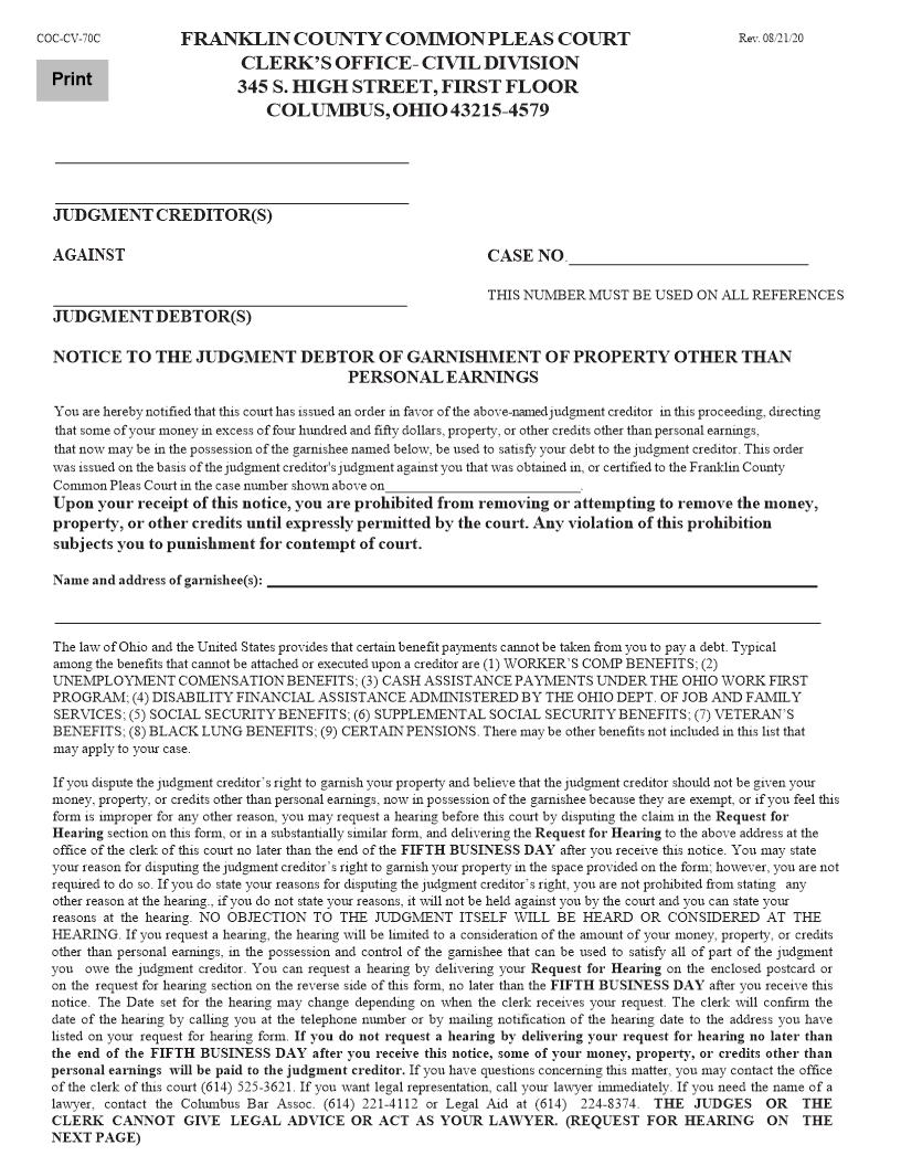 Notice To The Judgment Debtor Of Garnishment Of Property Other Than Personal Earnings {COC-CV-70C} | Pdf Fpdf Doc Docx | Ohio