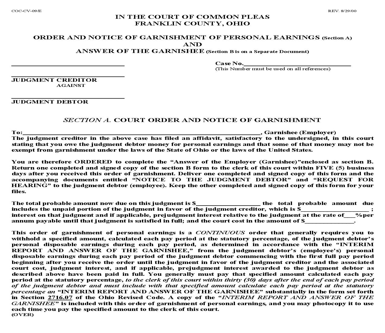 Order And Notice Of Garnishment Of Personal Earnings (Garnishee) {COC-CV-09-E} | Pdf Fpdf Doc Docx | Ohio