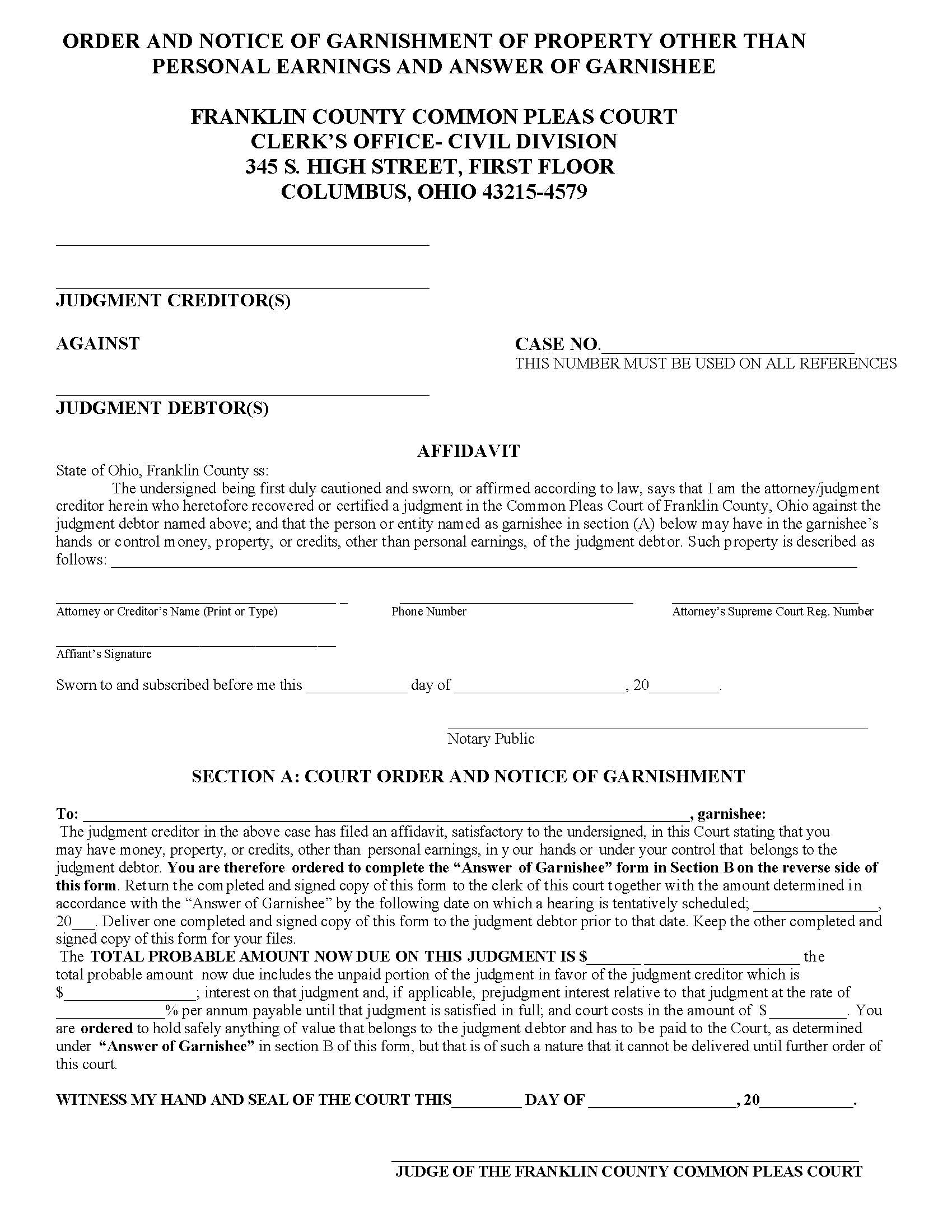 Order And Notice Of Garnishment Other Than Personal Earnings (Garnishee) {COC-CV-08C} | Pdf Fpdf Doc Docx | Ohio