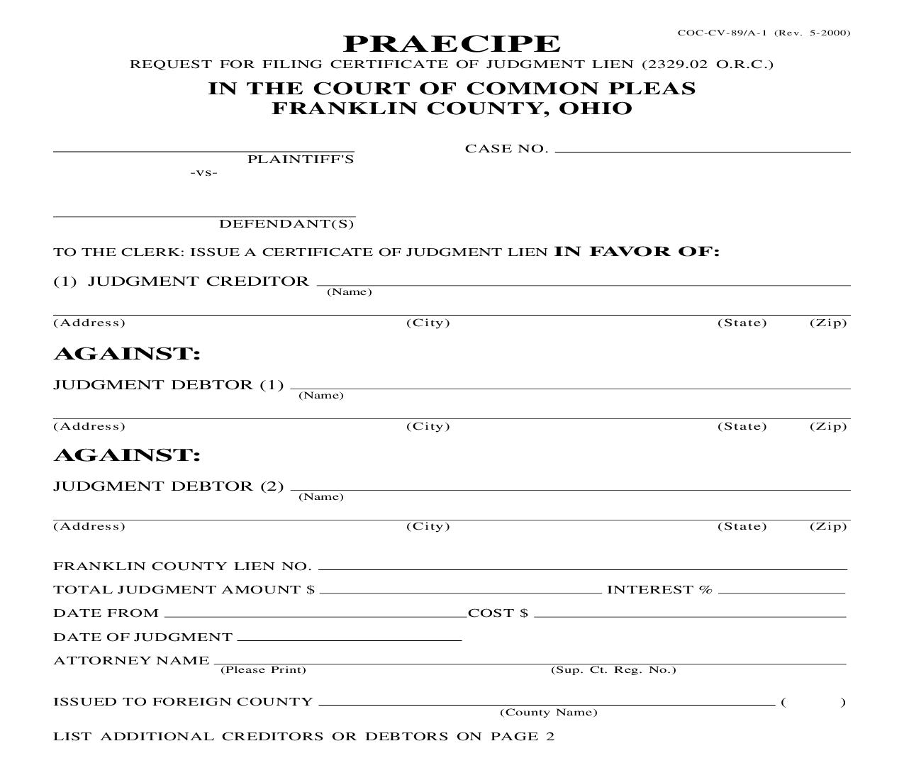 Praecipe {COC-CV-89} | Pdf Fpdf Doc Docx | Ohio