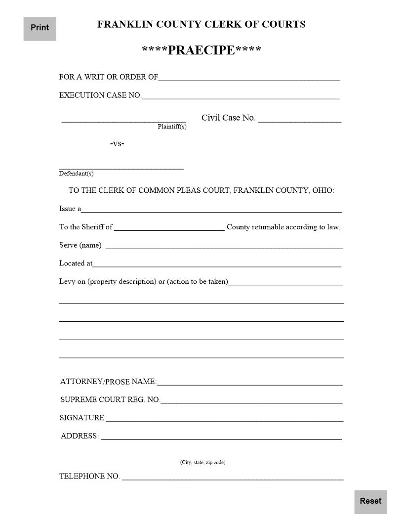 Praecipe For A Writ Or Order | Pdf Fpdf Doc Docx | Ohio