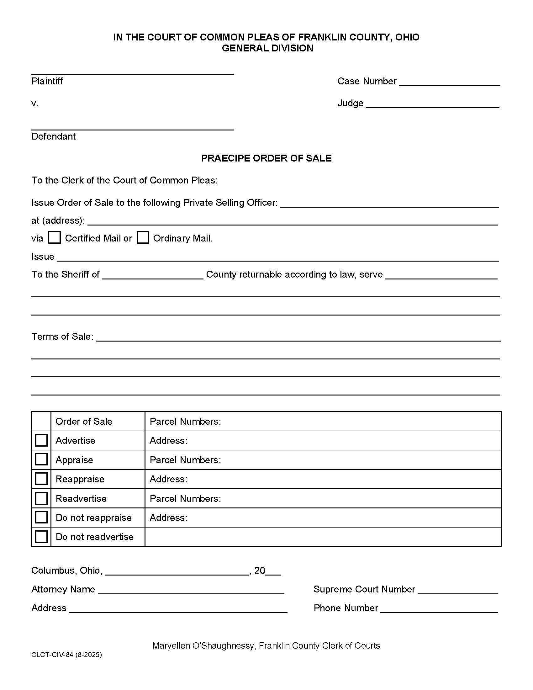 Praecipe Order Of Sale | Pdf Fpdf Doc Docx | Ohio