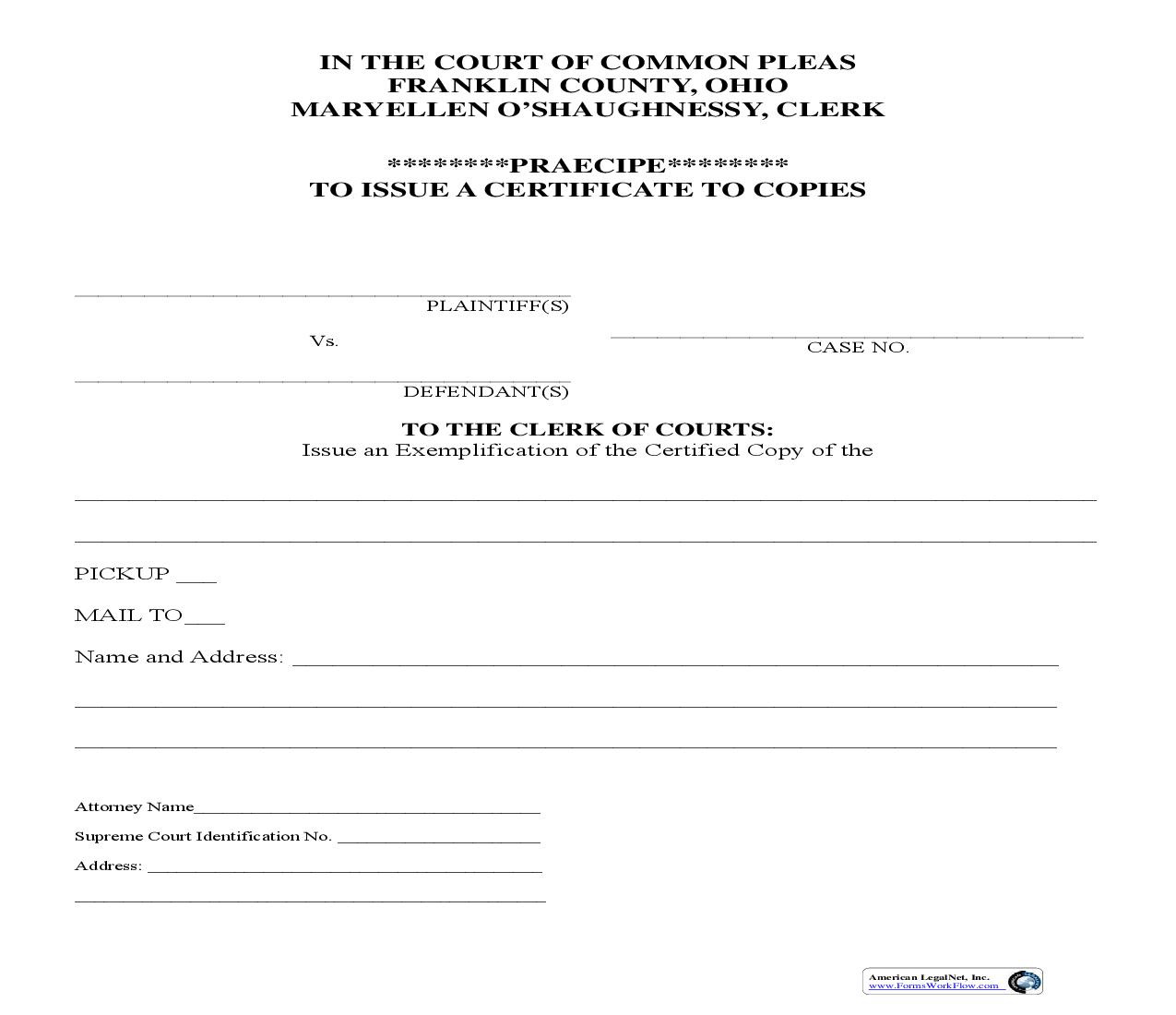 Praecipe To Issue A Certificate To Copies | Pdf Fpdf Doc Docx | Ohio