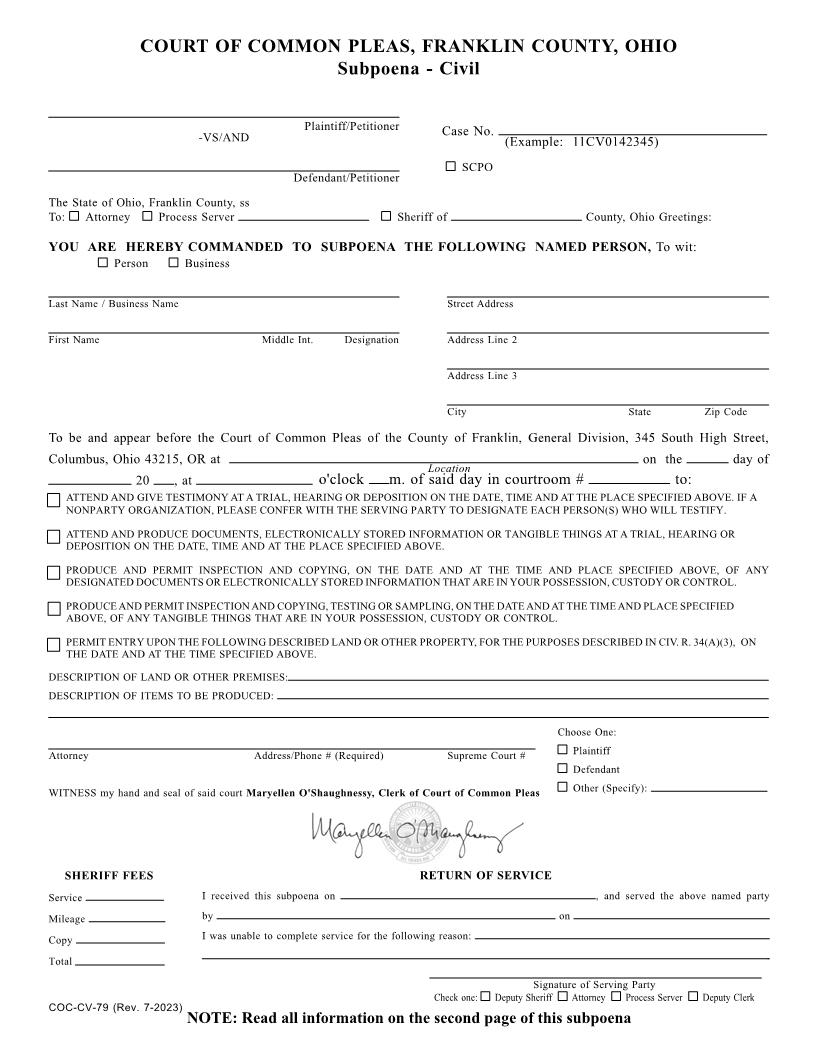 Subpoena Civil {COC-CV-79} | Pdf Fpdf Docx | Ohio