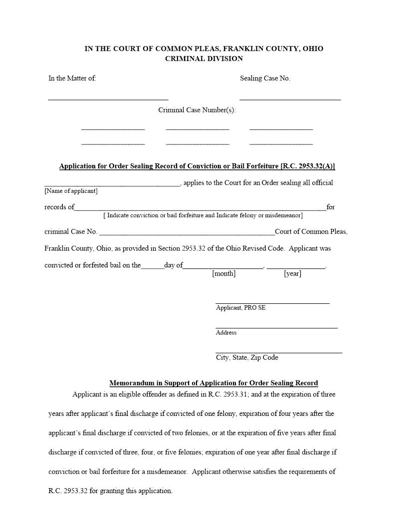 Application For Order Sealing Record Of Conviction Or Bail Forfeiture (Pro Se) | Pdf Fpdf Doc Docx | Ohio