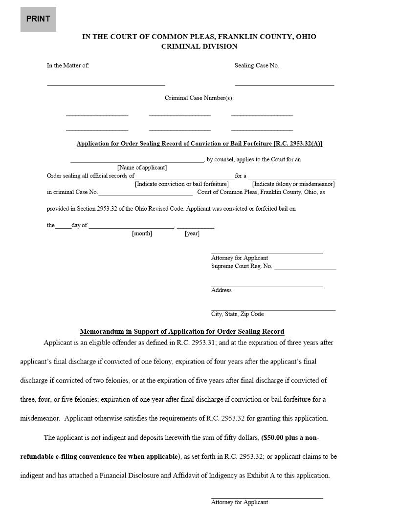 Application For Order Sealing Record Of Conviction Or Bail Forfeiture | Pdf Fpdf Doc Docx | Ohio