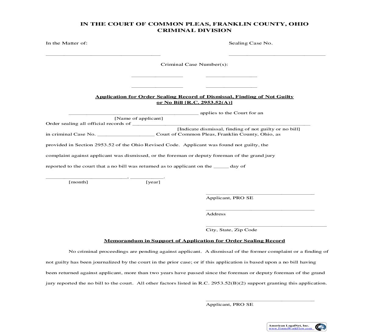 Application For Order Sealing Record Of Dismissal Finding Of Not Guilty (Pro Se) | Pdf Fpdf Doc Docx | Ohio
