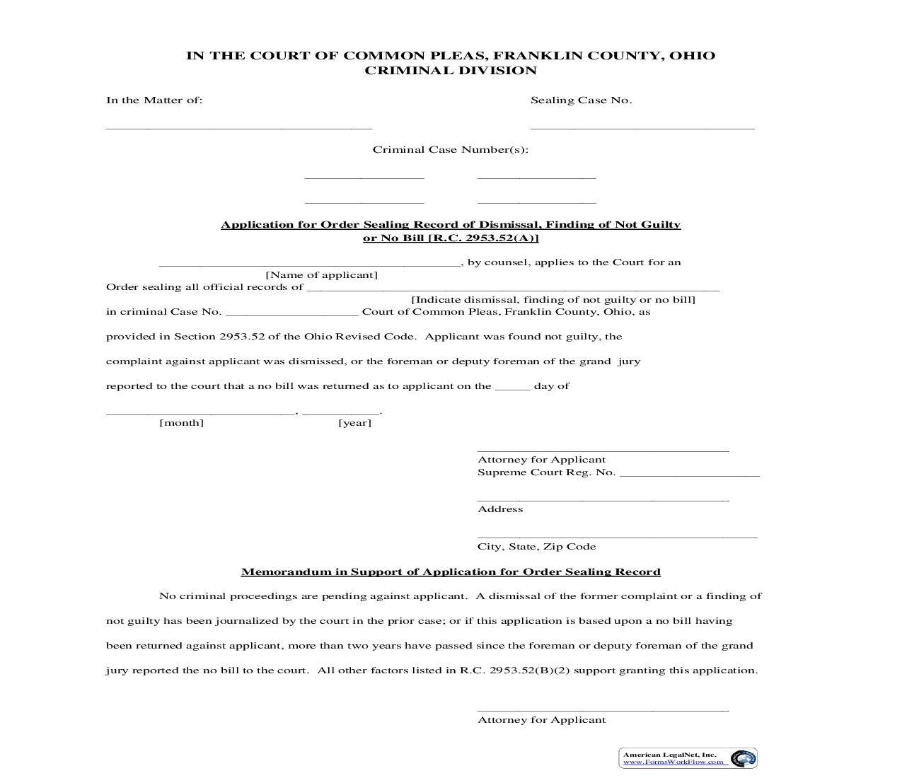 Application For Order Sealing Record Of Dismissal Finding Of Not Guilty | Pdf Fpdf Doc Docx | Ohio