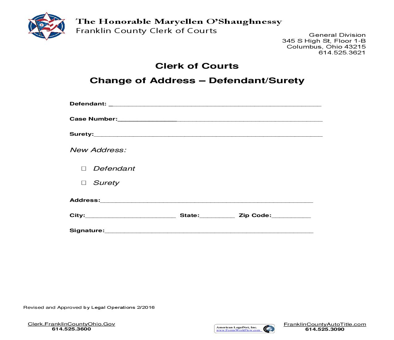 Change Of Address Defendant Surety | Pdf Fpdf Doc Docx | Ohio