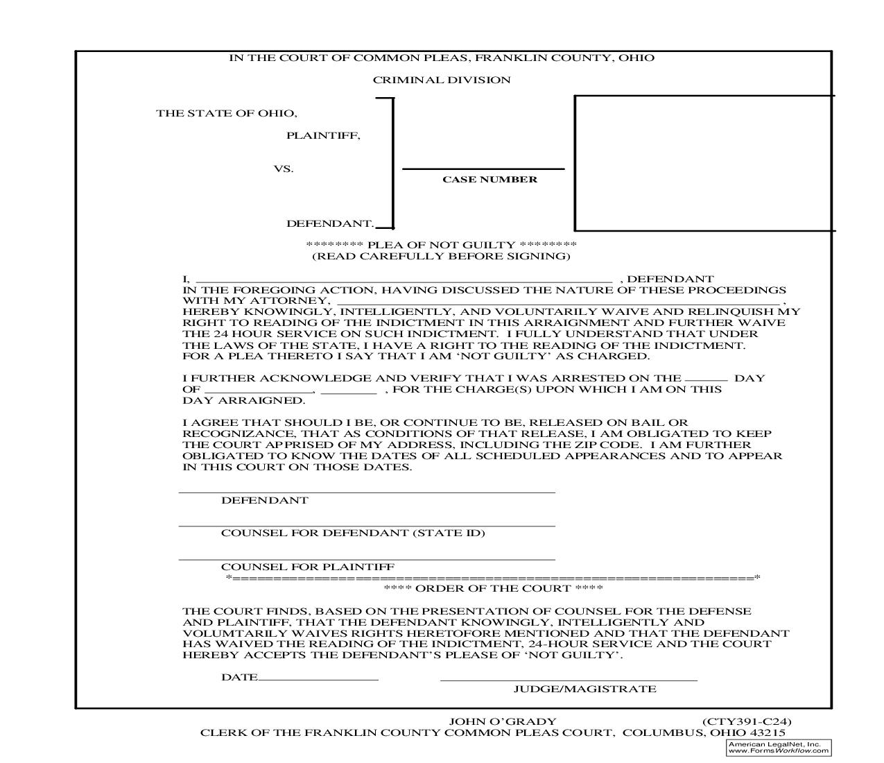 Plea Of Not Guilty | Pdf Fpdf Doc Docx | Ohio