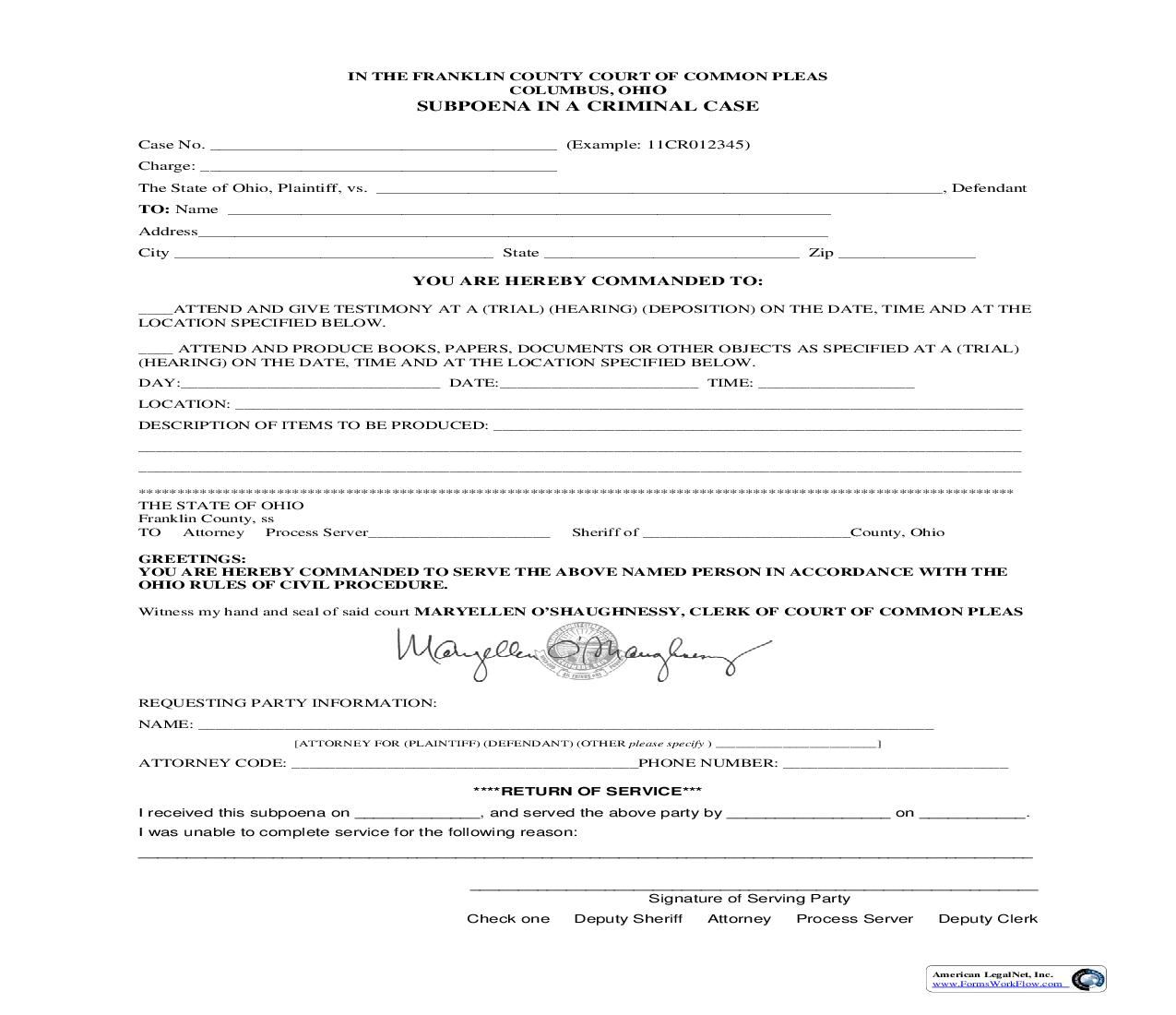 Subpoena In A Criminal Case | Pdf Fpdf Doc Docx | Ohio