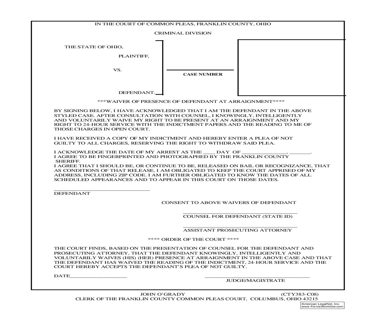 Waiver Of Presence Of Defendant At Arraignment | Pdf Fpdf Doc Docx | Ohio