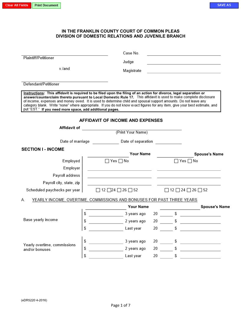 Affidavit Of Income And Expenses | Pdf Fpdf Doc Docx | Ohio