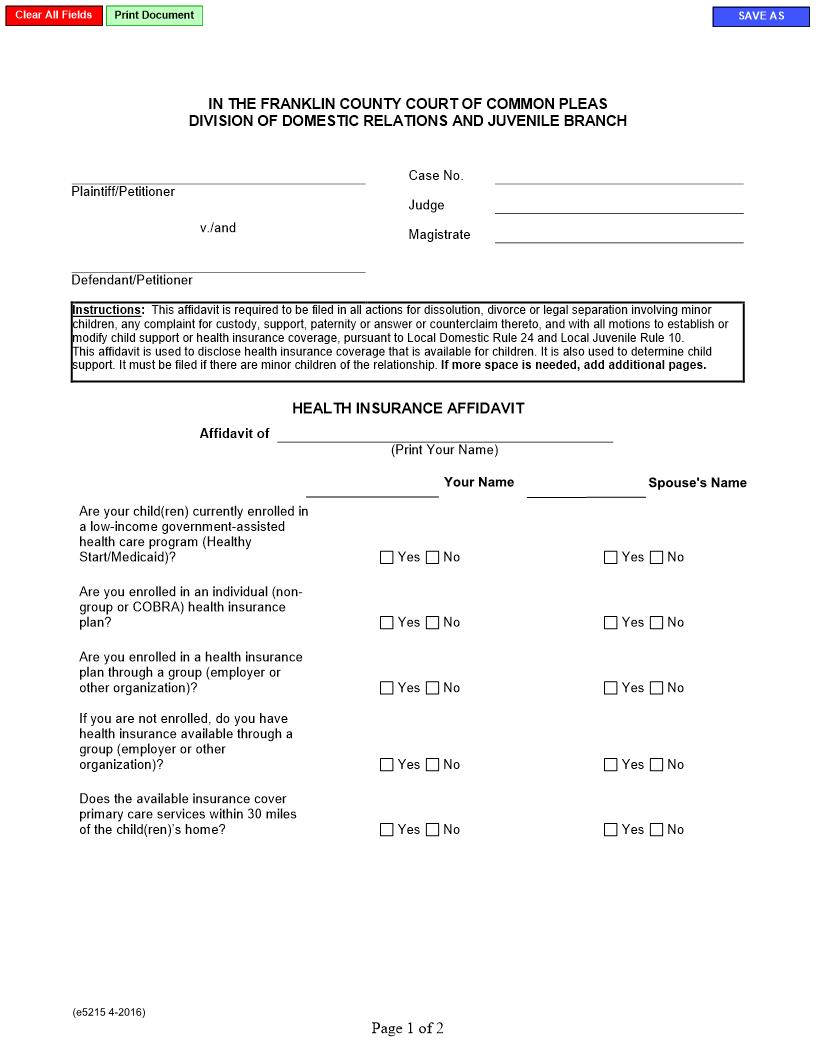 Health Insurance Disclosure Affidavit | Pdf Fpdf Doc Docx | Ohio