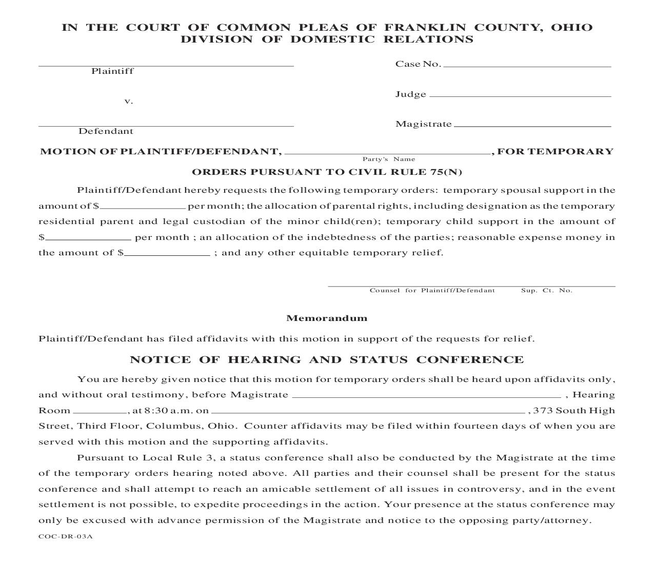 Motion Of Plaintiff Defendant For Temporary Orders {COC-DR-03A} | Pdf Fpdf Doc Docx | Ohio