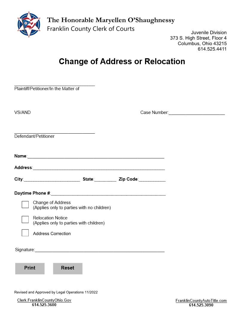 Change Of Address Or Relocation (Juvenile Divsion) | Pdf Fpdf Doc Docx | Ohio