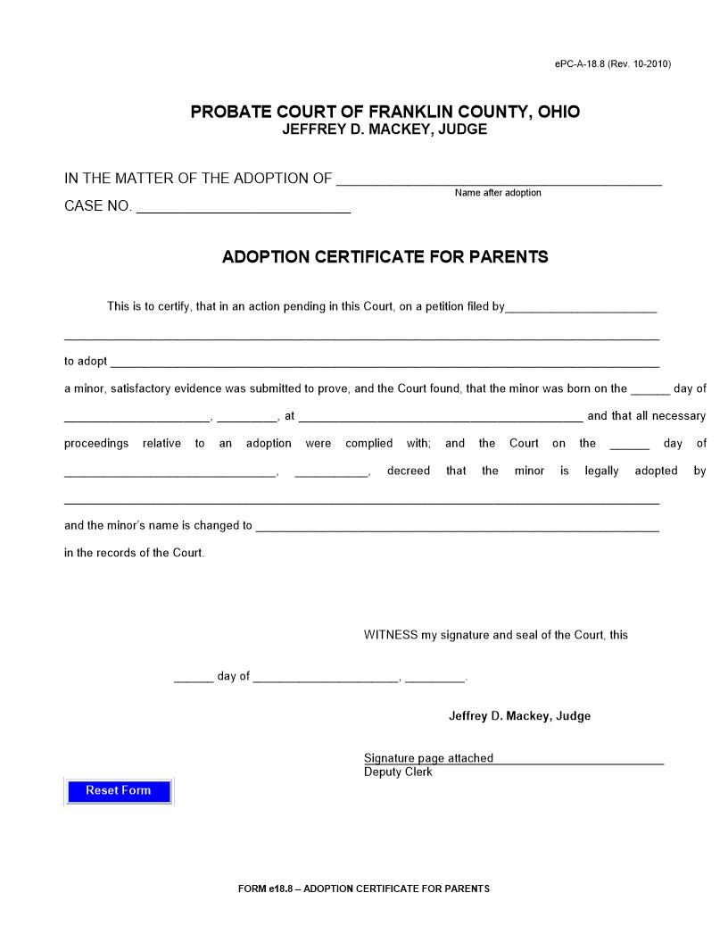 Adoption Certificate For Parents {18.8} | Pdf Fpdf Doc Docx | Ohio