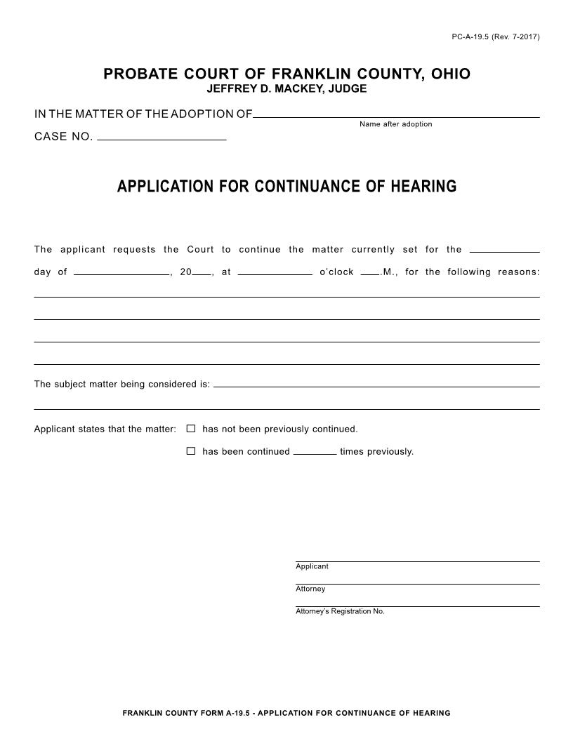 Application For Continuance Of Hearing {19.5} | Pdf Fpdf Doc Docx | Ohio