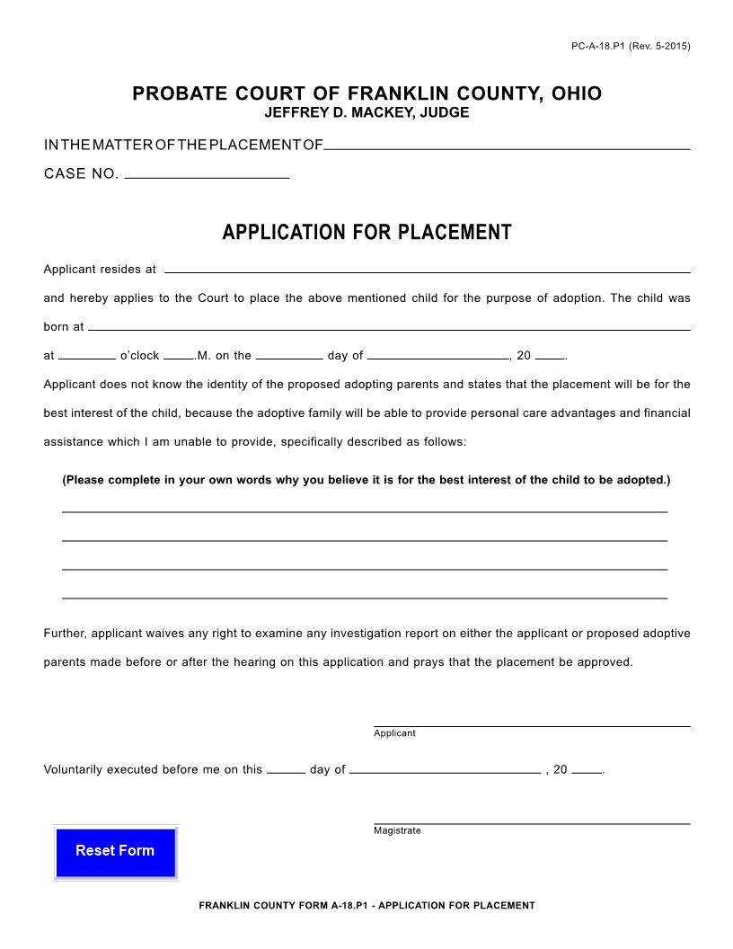 Application For Placement {18.P1} | Pdf Fpdf Doc Docx | Ohio